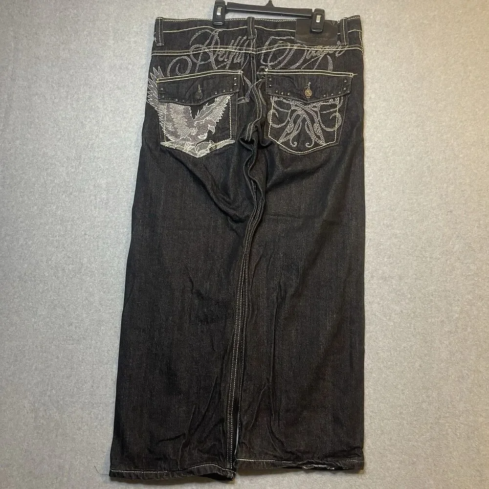 Artful Dodger Jeans Straight Black Embroidered Flap Pocket Y2K Baggy Skater